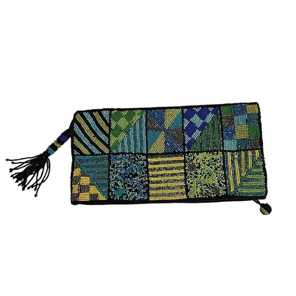 TINTORETTO Women’s Boho Glass Seed Bead Foldover Clutch Black/Blue/Green 6”x 11” - Picture 1 of 15